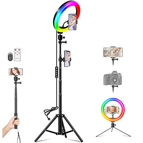 Aro de Luz Trípode LED, 10" Anillo de Luz 26 Colores RGB y 3 Colores Normales/Modo de Música Colorida/10 Brillos Regulable/Control remoto inalámbrico