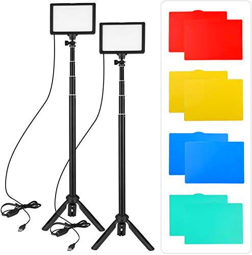 Andoer 2 Packs Luz LED Video 5600K Regulable con Soporte Trípode Ajustable y Filtros de Color para Angulo Bajo/Tablero de Mesa