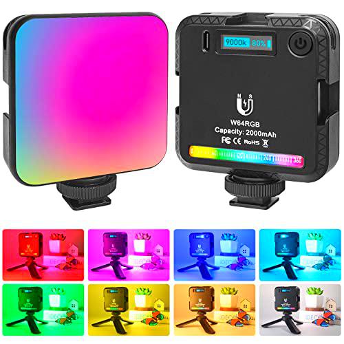 Luz de Video RGB, LUXCEO Mini luz de cámara RGB 360º a Todo Color con 3 Zapatas Frías,Modo de 20 escenas,2500K-9000K Regulable CRI95+,2000 mAh,Luz Fotografía Portátil para Vlog,Entrevistas,Youtube