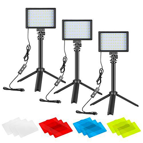 Neewer 3 Pack Kit de Iluminación para Fotografía Portátil Luz de Video LED Regulable 5600K USB 66 Luz de Video LED con Mini Soporte de Trípode Plegable Ajustable y Filtros Color para Grabación Estudio