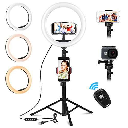UPhitnis 12" Aro de Luz, Aro de Luz con Tripode, Anillo de Luz con Control Remoto 3 Modos 10 Brillos Regulables para Maquillaje