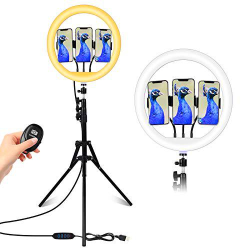 14" Aro de Luz Selfie Trípode, Anillo de Luz LED con Soporte para Móvil con Control Remoto Bluetooth