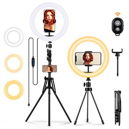 Aro de luz con trípode, MOHOO Anillo de Luz 3 Colores y 10 Brillos Regulable 10&quot; Ring Light Control Remoto lúmenes Aro de Luz Ajustables 78-160 cm para Camara Youtube/Selfie/Video/Maquillaje/TIK Tok