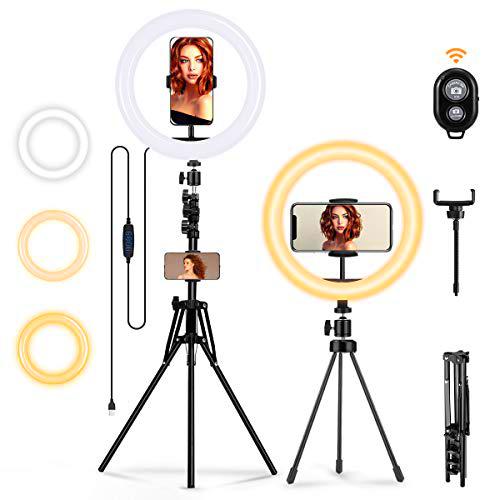 Aro de luz con trípode, MOHOO Anillo de Luz 3 Colores y 10 Brillos Regulable 10&quot; Ring Light Control Remoto lúmenes Aro de Luz Ajustables 78-160 cm para Camara Youtube/Selfie/Video/Maquillaje/TIK Tok
