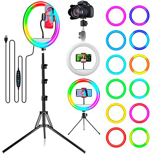 Anillo de luz RGB para Selfies de 12"con Soporte y Soporte para teléfono Celular Trípode de cámara Cabezal de Bola Luz LED de Maquillaje de Piso Regulable para Youtube/TikTok/Fotografía