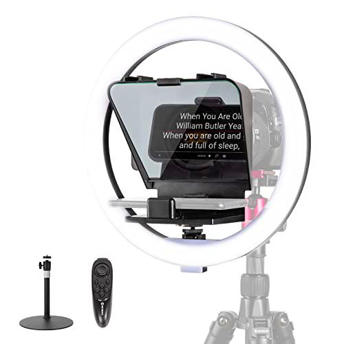 Teleprompter con Anillo de Luz, MOMAN MTR Mini Telepronpter Kit de mesa con 12" Aro de Luz de Bicolor para Smartphone para Vídeo de YouTube
