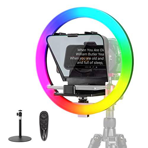 Teleprompter con Anillo de Luz, Moman MTRX Mini Telepronpter Kit de Mesa con 12" Aro de RGB Luz para Smartphone para Vídeos de Youtube