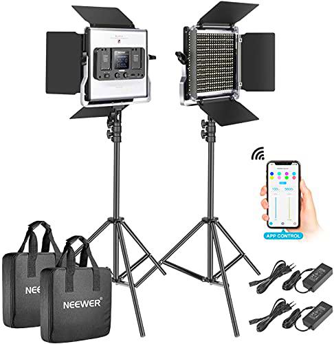 Neewer 2-Pack 528 LED Video Luz Metal Regulable Bi-Color 3200K-5600K Kit de Iluminación Fotografía con App Sistema Control Inteligente Pantalla LCD y Soporte Luz para Video Estudio