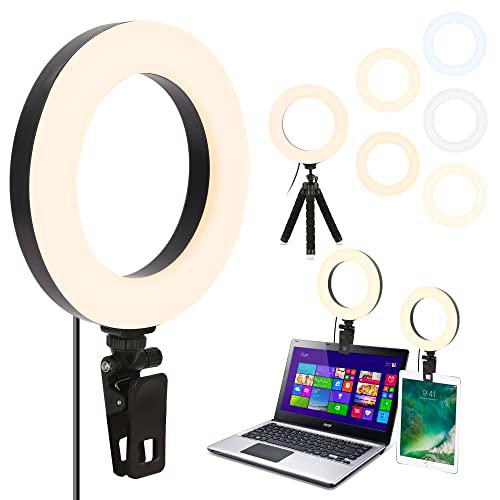Aro de Luz Trípode LED 6",Anillo de Luz con Trípode para Tableta y Clip para Laptops,Anillo de Luz Videoconferencia,5 Modos Luz 10 Niveles Brillo para Tiktok Live Selfie Vlog Youtube Foco Streaming