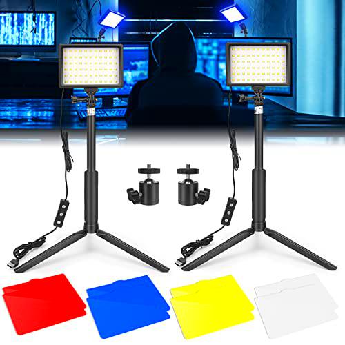 LUXCEO 2Pack Kit de Foco Streaming,con Filtros de Color+Rótula+Trípode,(66 LED 5600K) Foco Led Fotografia para Tomas de Escritorio/Ángulo Bajo,Grabación de Video,Fotografía de Retrato