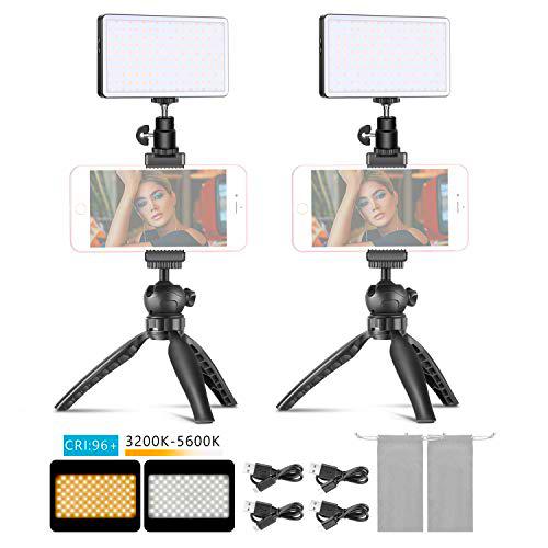Neewer 2-Pack Metal LED Video Luz Soporte para Móvil Soporte Escritorio: 3200-5600K Brillo Regulable CRI96+ Batería Incorporada 4500mAh Pantalla OLED+Mini Trípode con Clip de Metal para Teléfono