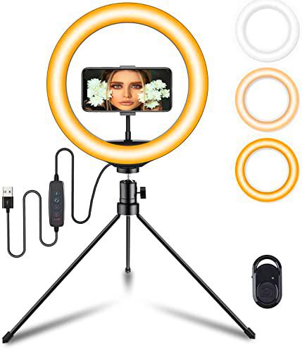 Anillo de luz de Escritorio de 10,2 Pulgadas con 3 Colores y 10 Niveles de Brillo