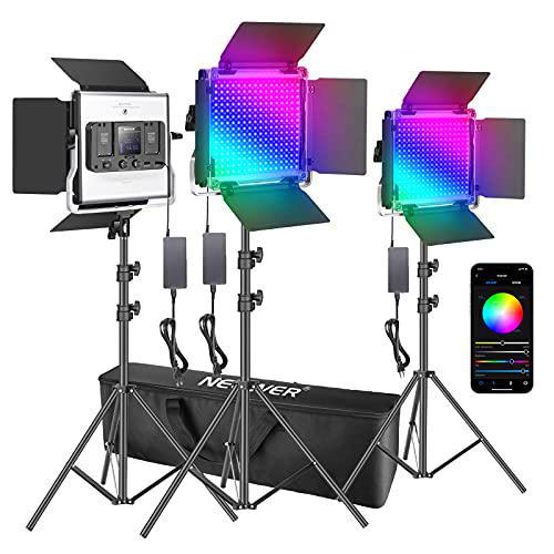 Neewer 3 Packs Luz LED RGB 480 con Control Aplicación Kit Iluminación Video y Fotografía con Soportes y Bolsa 480 LED SMD CRI92 3200K-5600K Brillo 0-100% 0-360 Colores Ajustables