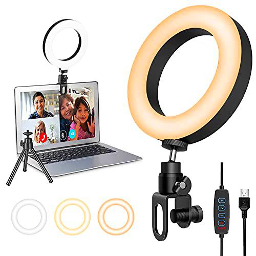 Anillo de Luz Videoconferencia, 6.3" Aro de Luz Portatil con Trípode y Clip para Laptops