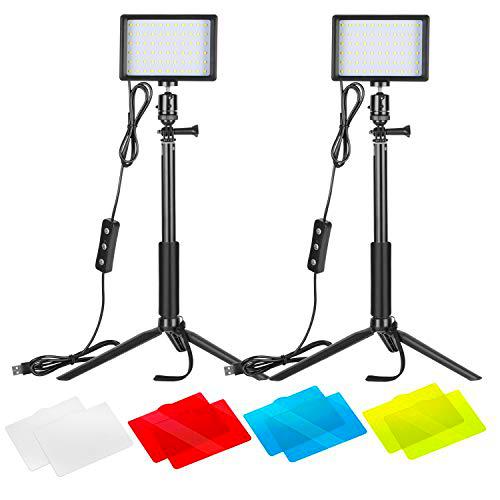 Neewer 2 Packs Kit de Luz de Vídeo LED de Sobremesa Luz de Vídeo LED USB Regulable de 5600K con Filtro de Color y Trípode para Iluminación de Fotos/Juegos en Vivo/Llamadas con Zoom/Videoconferencias