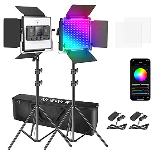Neewer 2 Packs Luz LED RGB 480 con Control Aplicación Kit Iluminación Video y Fotografía con Soportes y Bolsa 480 LED SMD CRI92 3200K-5600K Brillo 0-100% 0-360 Colores Ajustables