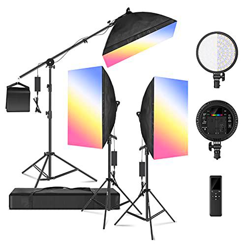 Neewer RGB LED Softbox Iluminación Kit con Control Remoto 2,4G: 3 Pack Cabezales de Luz LED Regulables de 48W con 3200~5600K CRI95+ 360º a Todo Color Efecto de 10 Escenas con Softbox Soporte y Brazo