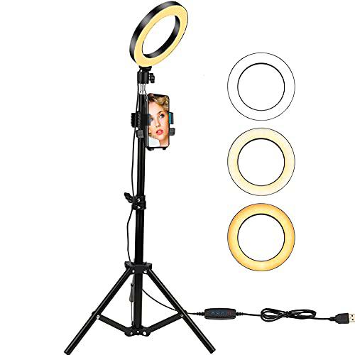Anillo de luz con Soporte, Anillo de luz LED Selfie de 6"con trípode + Soporte para teléfono + Control Remoto,10 Niveles de Brillo de atenuación