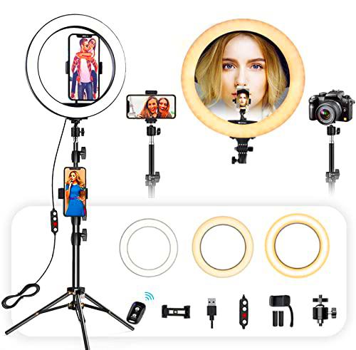KEAGAN Anillo de luz de 12 pulgadas con 3 modos de color y 10 niveles de brillo ajustables con trípode retráctil ajustable para maquillaje