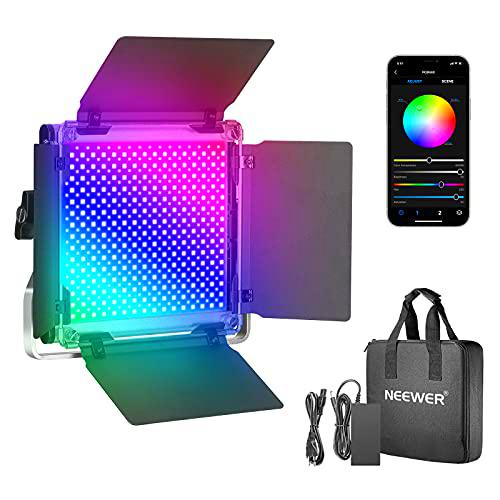 NEEEWER 660 RGB Luz LED con Control Aplicación, 660 SMD LED CRI97/3200K-5600K/Brillo 0-100%/0-360 Colores Ajustables/11 Escenas Aplicables con Pantalla LCD/Soporte en U/Barndoor