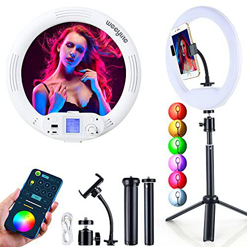 Weeylite 10.5'' RGB LED Anillo de Luz,Full Color 12W 2500K-8500K Ring Light con Trípode de Mesa,App Controlar,Batería integrada para Smartphone Selfie Maquillaje Youtube Video TikTok