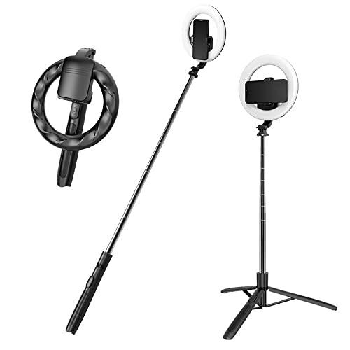 H.May Palo Selfie con Luz, 8" LED Regulables Aro de Luz con Trípode Soporte 1.7m