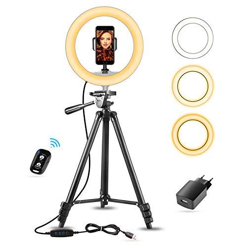 10" Aro de Luz con Tripode Extensible 50" y Soporte Teléfono Flexible para Maquillaje/Instagram