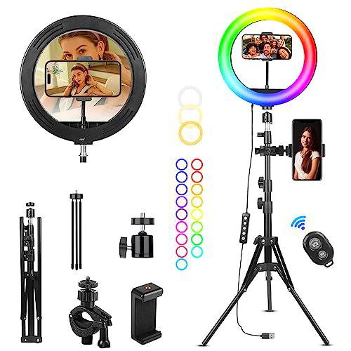 KOSCHEAL Aro de Luz para Selfie de 10" con Trípode,Ajustable de 1.8m y 37 Modos de Color RGB,Regulable para Selfie