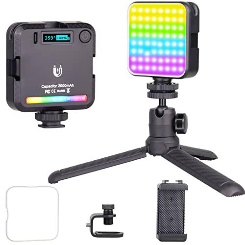 Luz de vídeo RGB (64 Cuentas de lámpara), ARTCISE Luz de cámara LED 360ºFull-Color,2500-9000K Luz de fotografía portátil con batería Recargable de 2000mAh para Vlogging