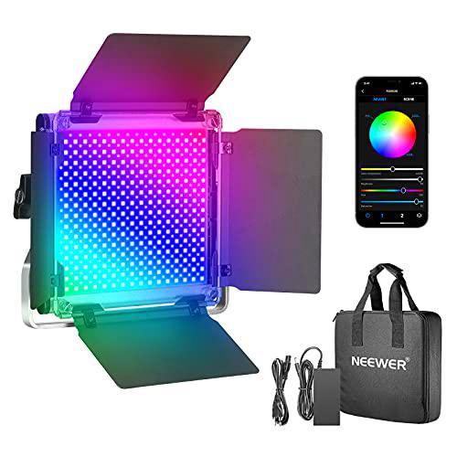 Neewer 530 RGB Luz LED con Control Aplicación, 528 SMD LED CRI95/3200K-5600K/Brillo 0-100%/0-360 Colores Ajustables/11 Escenas Aplicables con Pantalla LCD/Soporte en U/Barndoor