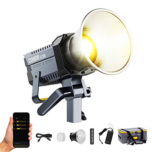 Luz de Video, COLBOR CL220 220W Luz Continua Fotografia Bicolor 2700k-6500K CRI97+ 105000Lux@1m COB Lámpara Studio con Montura Bowens App 10 Efectos de Iluminación