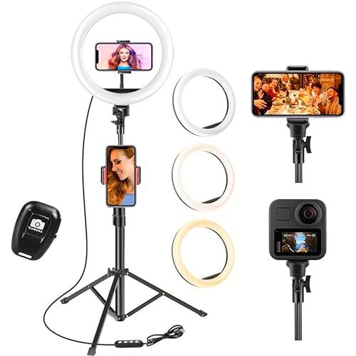 Aro de Luz con Tripode, 10" Ring Light con Control Remoto 3 Modos 10 Brillos Regulables Anillo de Luz para TikTok