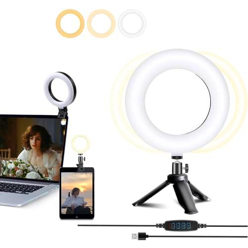 Zoeley Anillo de luz LED, Aro de Luz con Pinza y Trípode 5 Colores Modo 10 Brillos Regulables 360ºRotación Luz de Video Profesional para Zoom Call TikTok