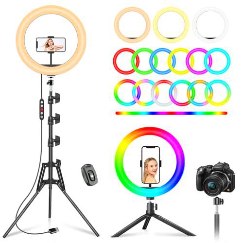 PEYOU Anillo de luz de 12" con trípode grande y 2 soportes para teléfono