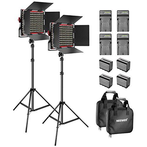 Neewer 2-Pack 660 LED Video Luz Regulable Bi-Color con Parasol y 1,83cm Soporte de Luz,4-Pack 6600mAh Battería Li-Ion Recargable y Cargador para Fotografía Estudio Youtube Video(Rojo)