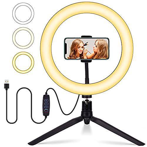 OUSFOT 10" Luz LED de Anillo, 3 Colores 10 Brillos Regulables con Soporte Giratorio de teléfono para Transmisión en Vivo