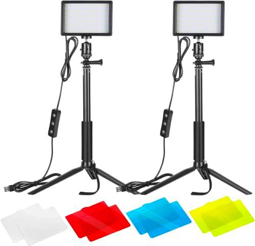VIJIM 2 paquetes de luz de vídeo LED ajustable de 5600 K con trípode ajustable y filtros de color para mesa/disparo de ángulo pequeño