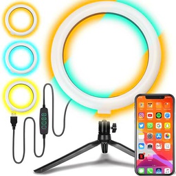 Retoo Anillo de luz para selfie con trípode de 14 cm para teléfono móvil con mando a distancia 3 colores ajustables anillo de luz LED de 7 W con USB recargable y 10 niveles de brillo lámpara de anillo