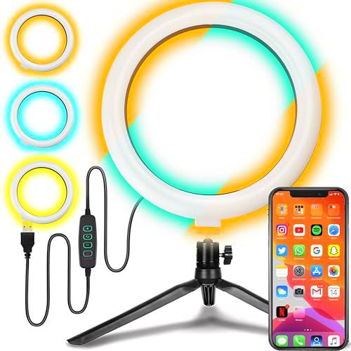 Retoo Anillo de luz para selfie con trípode de 14 cm para teléfono móvil con mando a distancia 3 colores ajustables anillo de luz LED de 7 W con USB recargable y 10 niveles de brillo lámpara de anillo