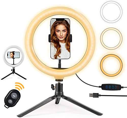 OneAmg Anillo de Luz LED Fotografia de Escritorio, 10" Aro de Luz 3 Colores 10 Brillos Regulables Control Remoto Bluetooth