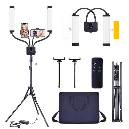 Yofuly Lámpara de luz de pestañas, juego de iluminación LED regulable de 3200-5500 K con soporte de trípode y 2 soportes para teléfono