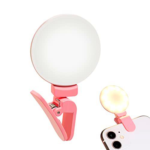 WOWLED Anillo de luz giratoria, color rosa, recargable de 3 niveles de brillo con clip