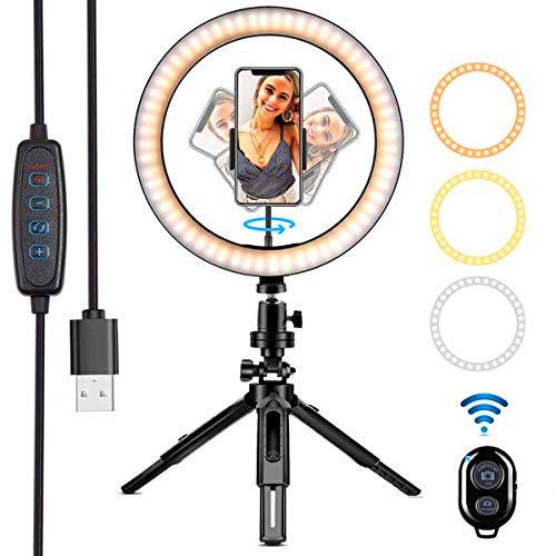 YingStar Anillo de Luz LED 10,2&quot; Aro de Luz Maquillaje con Trípode Soporte para Teléfono Aro de Luz Selfie 3 Colores 10 Niveles de Brillo Control Remoto Bluetooth para Youtube TikTok Live Fotografía