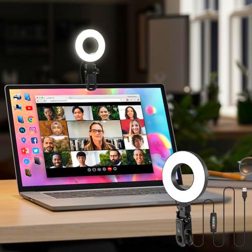 Mojimdo Luz de Videoconferencia [3 Colores 10 Niveles de Brillo] RA>95 Anillo de Luz LED para Portátil con Clip para Webcam