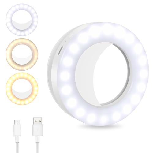 OSDUE Anillo de Luz Selfie,Recargable Clip-On Aro de Luz para MóVil,3 Temperaturas de Color y 5 de Ajuste de Brillo Luz de Relleno para TeléFono,Tableta,Autofoto,Video,Regalos para Mujer.