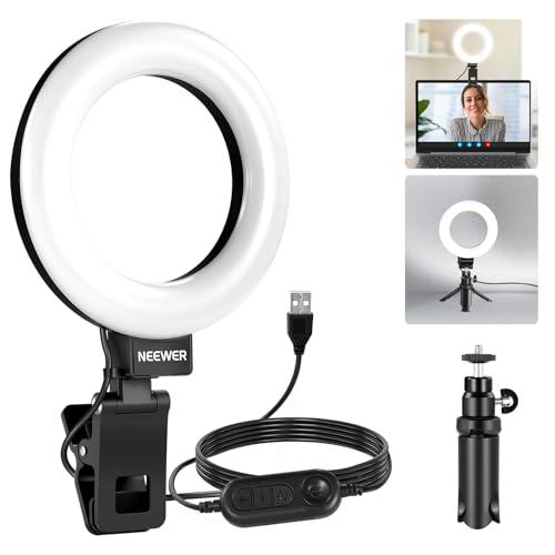 NEEWER 5" Anillo de Luz con Clip y Mini Trípode, 10W 3000k-6000K Clip on Light Regulable para Teléfono