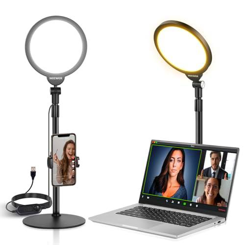 NEEWER 7&quot; Kit de Luz Selfie Teléfono Escritorio, 10W 3000k-6500K Luz de Anillo Pantalla Completa Regulable con Soporte y Soporte Teléfono para Videoconferencia,Selfie,Vlog,Maquillaje,Transmisión, R06