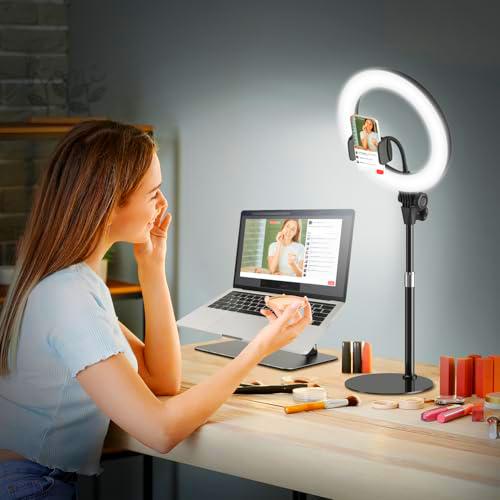 Ringlicht mit Stativ Ringleuchte Streaming Videokonferenz Licht Tisch Evershop 10.5" Ringlicht mit Stativ und Handyhalter 3 Lichtfarben+10 Helligkeit 360ºDrehbar Lichtring für Zoom Meeting Tiktok