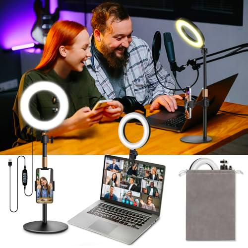 Railee Aro de Luz con Trípode y Clip 6'' Ring Light Escritorio Regulable Anillo de Luz Sobremesa con Movil Soporte para Videoconferencia Portátil Monitor Computadora Zoom Selfie Video