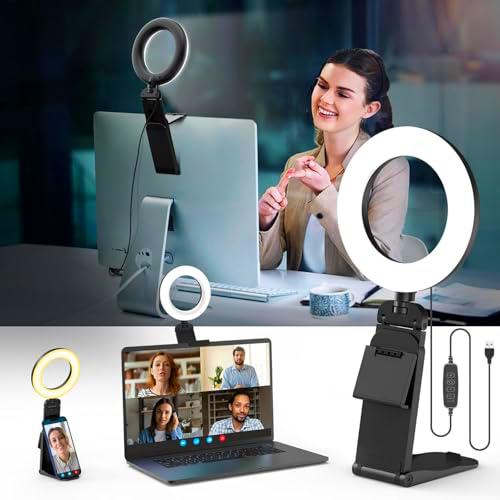 Aro de Luz Ring Light,Evershop Aro Luz Illuminazione per Videoconferenza con Stativo Supporto Telefono Cellulare del Treppiede 3 Colori Leggeri+10 Luminosità 360ºRotatable del Flash di Illuminazione
